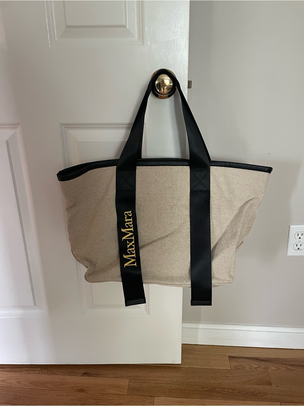 MaxMara Cream Canvas Tote with Black Straps and Gold Logo